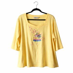 Quacker Factory Yellow Butterfly Floral Embellished 3X Plus Size Cotton Top